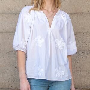 Dylan Bella Floral Embroidered Ruffle Trim Blouson Sleeve Popover Blouse Size S